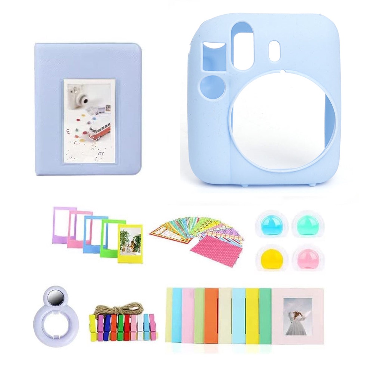 ZIKKON 7 in 1 Accessory Bundle for Mini 12 Instant Camera, Include Silicone Protactive Case, Mini Picture Album, Frames, DIY Stickers, Color Filter, Selfie Mirror, Paper Bunting(No Camera)