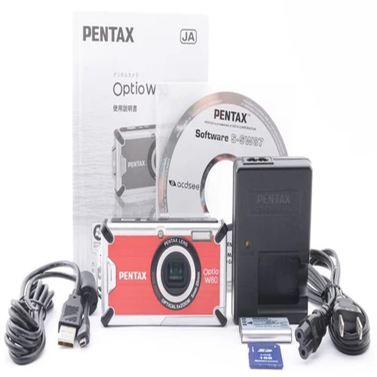 EXC+5Pentax OPTIO W80 Red Waterproof Digital Camera With SD Card JAPAN